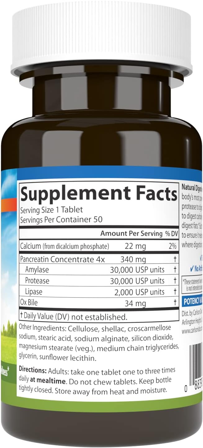 Carlson - Natural Digestive Enzymes, Digestive Aid #34 with Protease, Amylase & Lipase, Digestive Support, Nutrient Absorption & Optimal Wellness, 50 Tablets