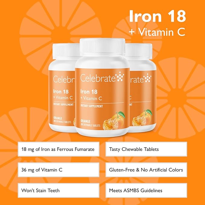 Celebrate Vitamins Iron Supplement with Vitamin C - 18mg Iron, 36mg Vitamin C, Bariatric Vitamins for WLS Patients, Vertical Sleeve & Gastric Bypass Surgery – Tangerine, 90 Chewable Tablets