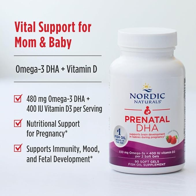 Nordic Naturals Prenatal DHA, Strawberry - 120 Soft Gels - 830 mg Omega-3 + 400 IU Vitamin D3 - Supports Brain Development in Babies During Pregnancy & Lactation - Non-GMO - 60 Servings