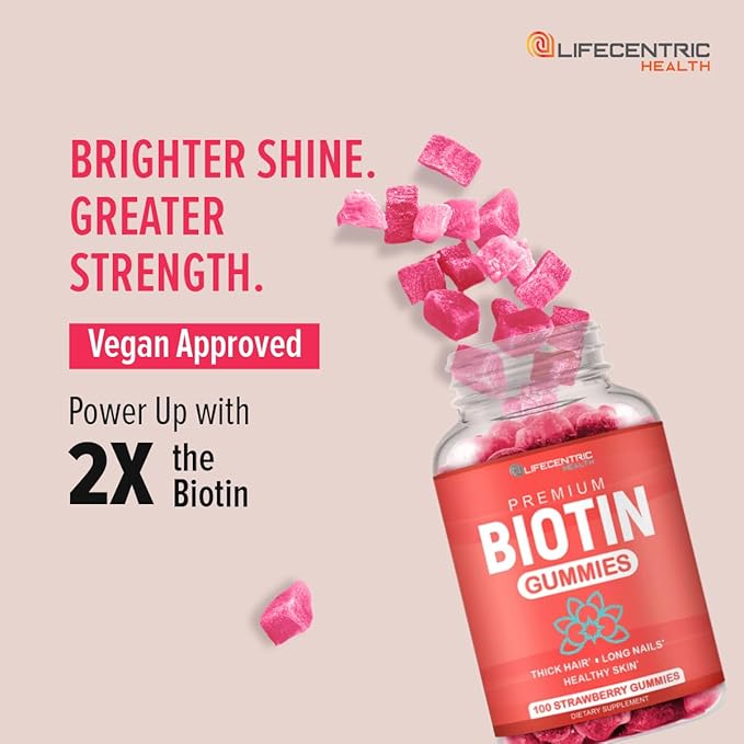 LifeCentric Health Biotin Gummies for Adults | Max Strength Biotin 10000mcg | Chewable Biotin Supplement for Women and Men | 100 Count Vegan Hair Gummies for Hair Skin and Nails