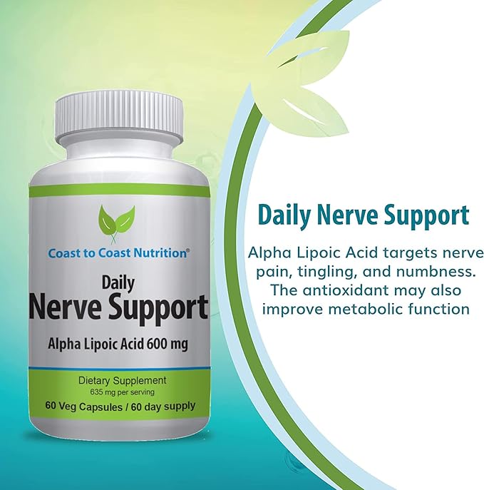 Nerve Support - Advanced Nerve Relief with Alpha Lipoic Acid 600 mg - Nerve Vitamins for Ease of Hands, Legs, and Foot Aches - 60 Capsules/NEW - 60 Day Supply