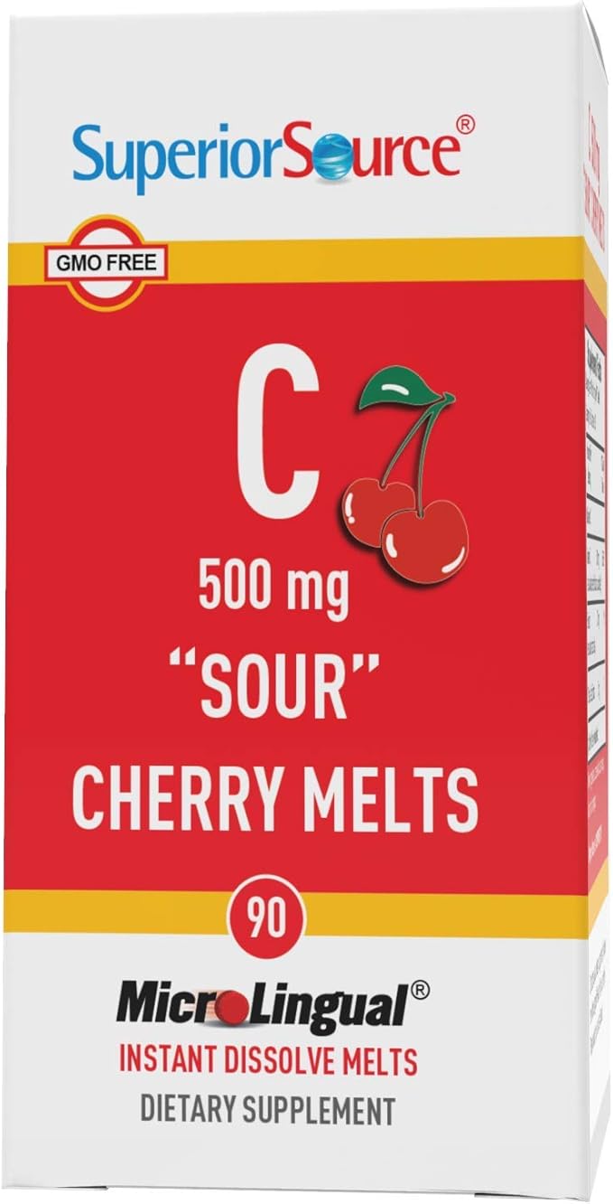 Superior Source Vitamin C 500 mg Sour Cherry Melts - Daily Vitamin Supplement Supports Immune Health - Vitamin C Formula Aids Cell Health - 90 Sublingual Dissolving Tablets