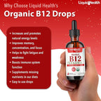 LIQUIDHEALTH USDA Organic Methyl Vitamin B12 Methylcobalamin Liquid Drops with Tart Cherry Juice - Boost Energy, Immune Support, Improve Memory & Concentration - USA Made, Vegan, Non-GMO (2 oz)