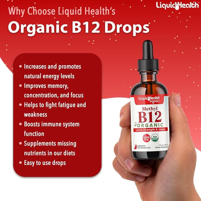 LIQUIDHEALTH USDA Organic Methyl Vitamin B12 Methylcobalamin Liquid Drops with Tart Cherry Juice - Boost Energy, Immune Support, Improve Memory & Concentration - USA Made, Vegan, Non-GMO (2 Pack)