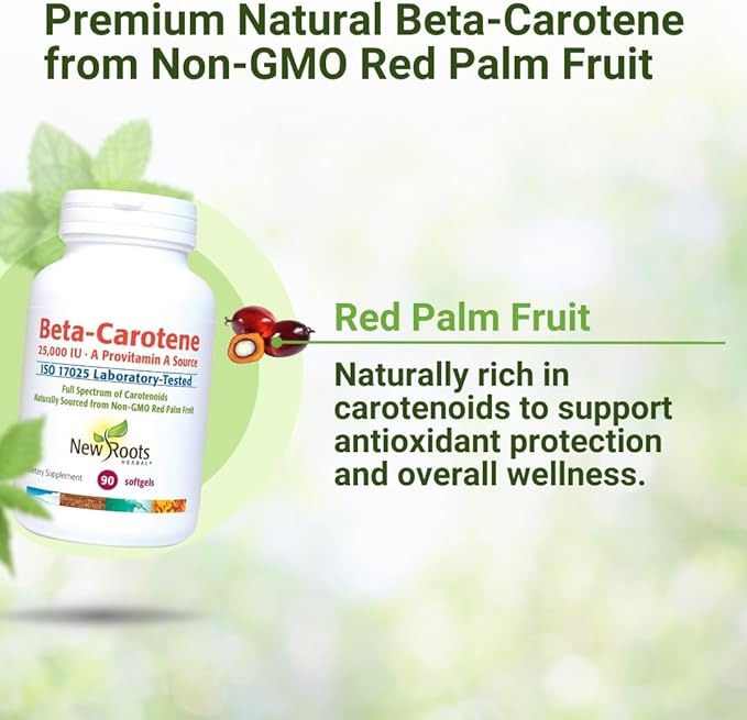 NEW ROOTS HERBAL Beta-Carotene 25,000 IU Supplements | Vitamin A (90 Softgels) | Full Spectrum of Carotenoids | Naturally Sourced from Non-GMO Red Palm Fruit + Organic Flax Seed Oil