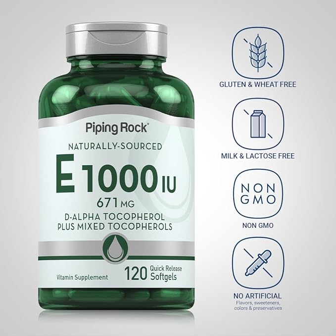 Piping Rock Vitamin E 1000 IU Softgels | 120 Count | with D-Alpha and Mixed Tocopherols | Supplement for Men and Women | Gluten Free, Non-GMO