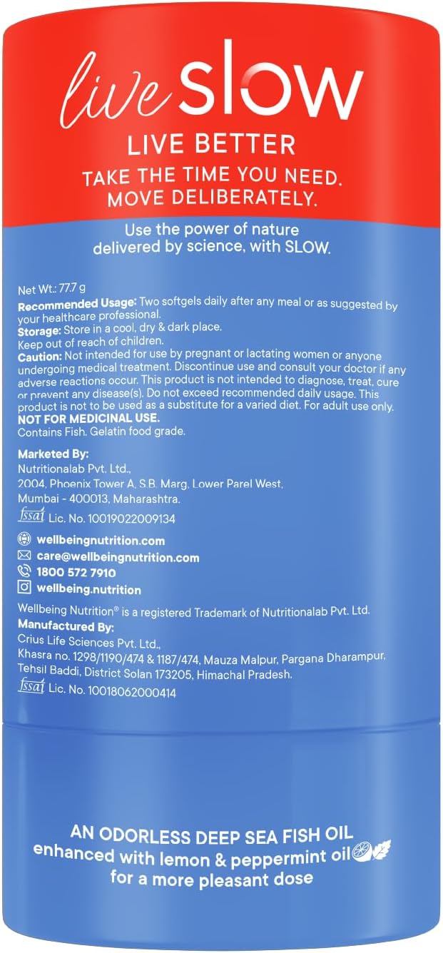 WELLBEING NUTRITION Slow | Extra Virgin Fish Oil 1240mg Omega-3 | EPA, DHA & Curcumin in Advanced Triple Strength 1250mg Fish Oil |Brain, Heart, Joints, Vision & Immunity for Men & Women(60 Capsules)
