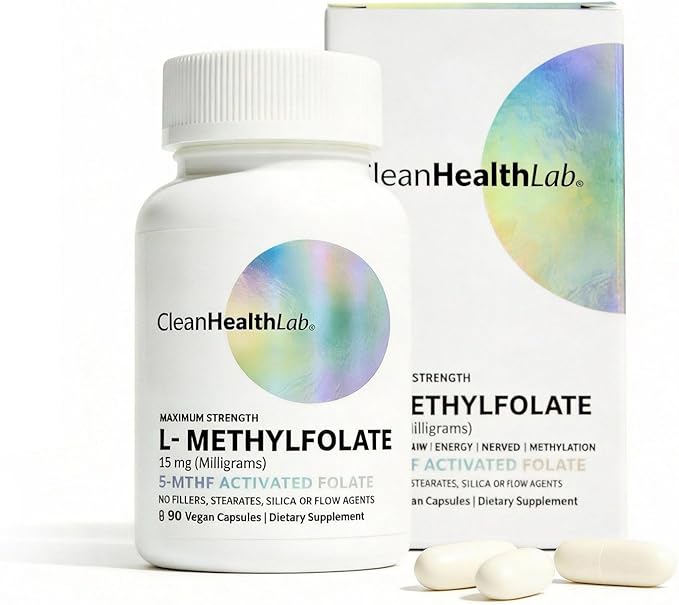CleanHealthLab L-Methylfolate 15mg, 5-MTHF Active Folate - Maximum Potency Methylated Vitamin B9 Supplement - Support for Brain Health, Energy, Nerves, and Methylation with No Fillers (90 Count)