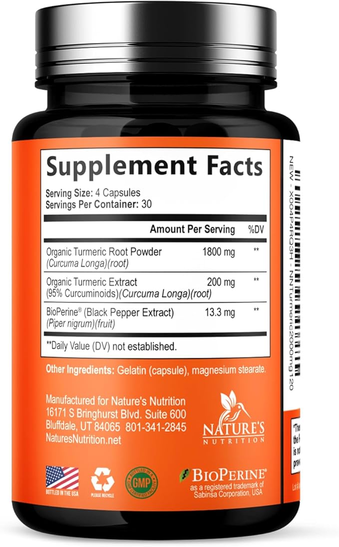 Turmeric Curcumin Supplement - 1800mg Organic Turmeric Per Serving - 95% Curcuminoids & BioPerine Black Pepper Extract for Best Absorption - Natural Vegan Joint Support, Bottled in USA - 120 Capsules