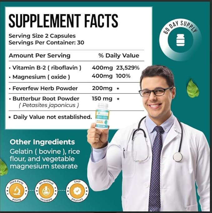 Nature's Nectar Migraine Prevention Feverfew Capsules – PA Free Butterbur Root, Riboflavin 400 mg, Magnesium & Feverfew – Natural Migraine Supplement – 180 Capsules