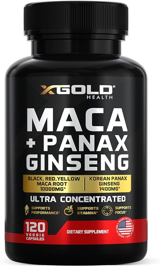 Maca Root Capsules 20:1 Extract + Korean Panax Ginseng10:1 Extract - 20x Concentrated Black + Red + Yellow Maca Root, 10x Concentrated Panax Ginseng Capsules - Ultra Potent & Highly Purified