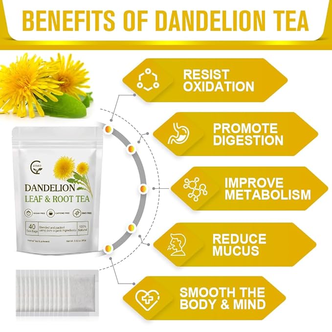 GORNVB Organic Dandelion Leaf & Root Tea, Supports Kidney Function and Healthy Digestion, Caffeine Free, 40 Tea Bags