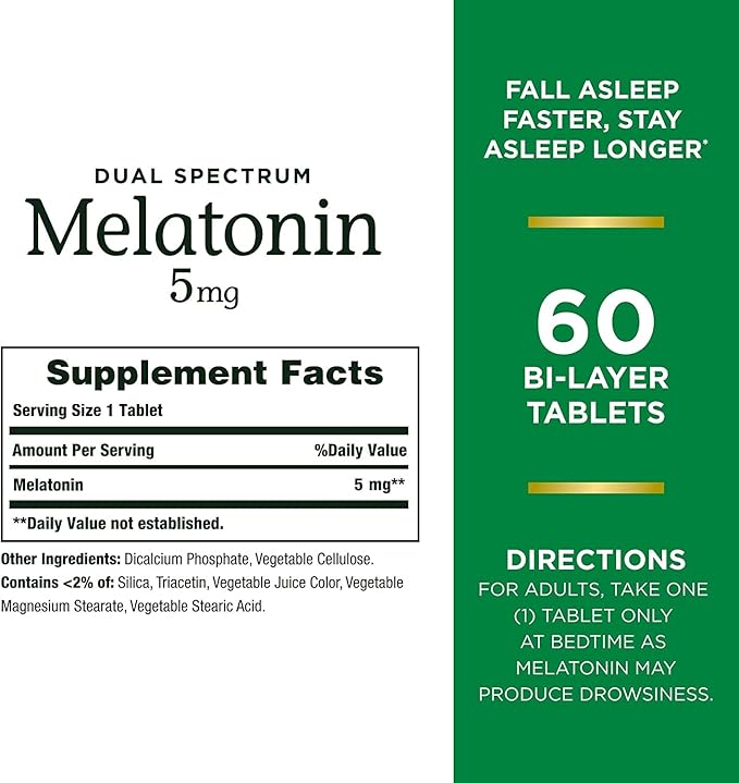 Nature's Bounty Melatonin 5mg Dual Spectrum, 100% Drug Free Sleep Supplement, Quick Release and Extended Release, Promotes Relaxation and Sleep Health, 60 Bi-Layer Tablets (Pack of 2)