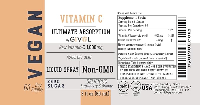 Vitamin C Spray: Daily Absorption Liquid Extract with Lemon, Orange, Strawberry, Rich in Ascorbic Acid, 2oz (60ml) 60 Day Supply