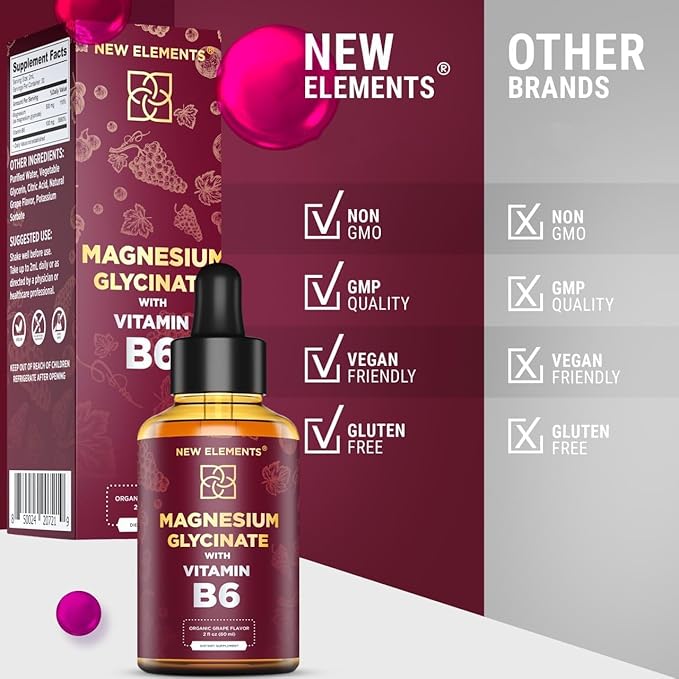 Liquid Magnesium Glycinate Drops with Vitamin B6 - Magnesium Supplement 500mg & Vitamin B6 100mg | Non-GMO No Gluten | Stress Relief | Sleep & Relaxation | Muscle & Heart Support | Natural & Vegan