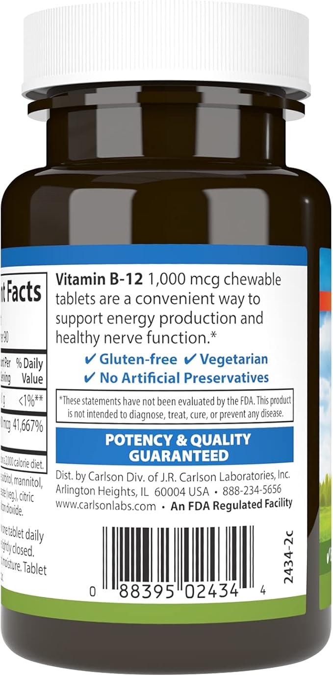 Carlson - Chewable B-12, 1000 mcg, Energy Production & Nerve Function, Optimal Wellness, Lemon, 90 Tablets