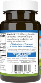 Carlson - Chewable B-12, 1000 mcg, Energy Production & Nerve Function, Optimal Wellness, Lemon, 90 Tablets