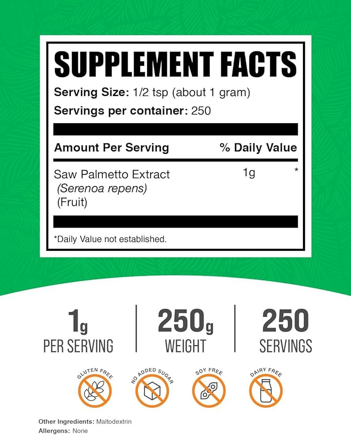 BulkSupplements.com Saw Palmetto Extract Powder - Serenoa Repens, Saw Palmetto Supplement, Herbal Supplement - Vegan & Gluten Free, 1g per Serving, 250g (8.8 oz) (Pack of 1)