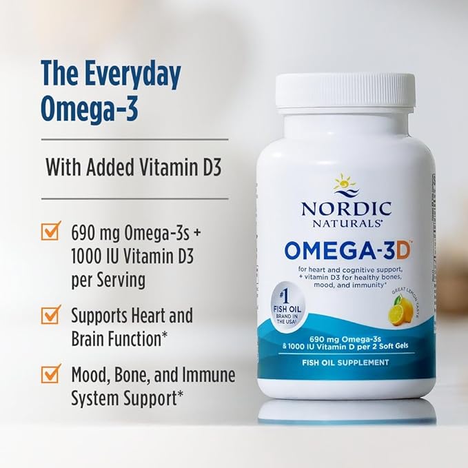 Nordic Naturals Omega-3D, Lemon Flavor - 120 Soft Gels - 690 mg Omega-3 + 1000 IU Vitamin D3 - Fish Oil - EPA & DHA - Immune Support, Brain & Heart Health, Healthy Bones - Non-GMO - 60 Servings