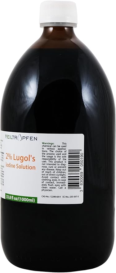 2% Lugols Iodine Solution | 33.8 Fl Oz - 1000 ml | Third-Party Tested | Pharma Grade Ingredients | Made with 2 Percent Iodine and 4% Potassium Iodide | Glass Bottle | Lugol's Solution | Heiltropfen®