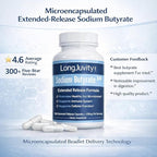 LongJuvity Sodium Butyrate Supplement (300mg) - Optimal Gut Health for Men & Women - Digestion Support & Leaky Gut Repair - Postbiotic Short Chain Fatty Acid, Lab Tested (120 Extended Release Caps)