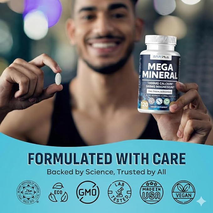 Mega Mineral – Complete Complex with Vitamin D, Calcium, Magnesium, Zinc, Potassium, Boron, Selenium, Chromium & Trace Minerals – Iron-Free – USA Made -Halal (120 Tablets)