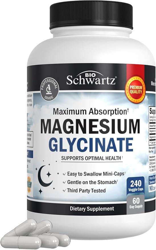 BioSchwartz Magnesium Glycinate 500mg Capsules (240 Mini Caps) Maximum Absorption Magnesium Supplement for Healthy Nerves Muscles Heart Mood and Sleep Support (Vegan, Gluten-Free, Non-GMO)