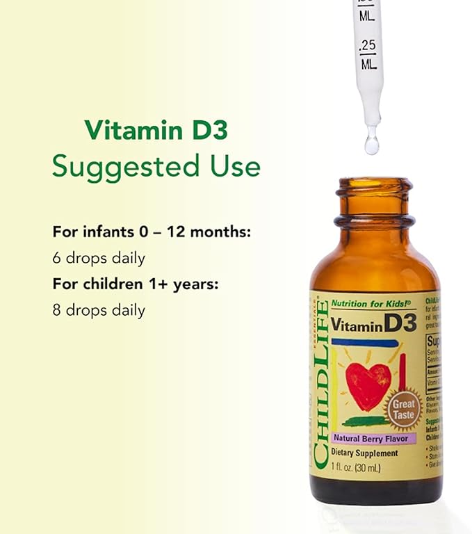 CHILDLIFE ESSENTIALS Vitamin D3 Drops for Kids, Children, & Toddlers - Liquid Vitamin D Drops, 500 IU per Drop, Immune & Bone Health Support, Natural Berry - 1 Fl Oz (Pack of 1)