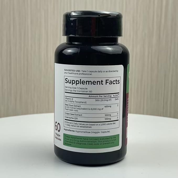 Divinity Nutra Organic Beet Root Capsules with CoQ10, Vitamin E, Grape Seed, Non-GMO,USA Made - 60 Capsules, 60-Day Supply