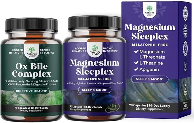 Bundle of Digestive Enzymes with Ox Bile Supplements for No Gallbladder for Pancrease Cleanse & Detox and High Absorption Magnesium Sleep Supplement Magtein Magnesium L-Threonate and Apigenin Theanine