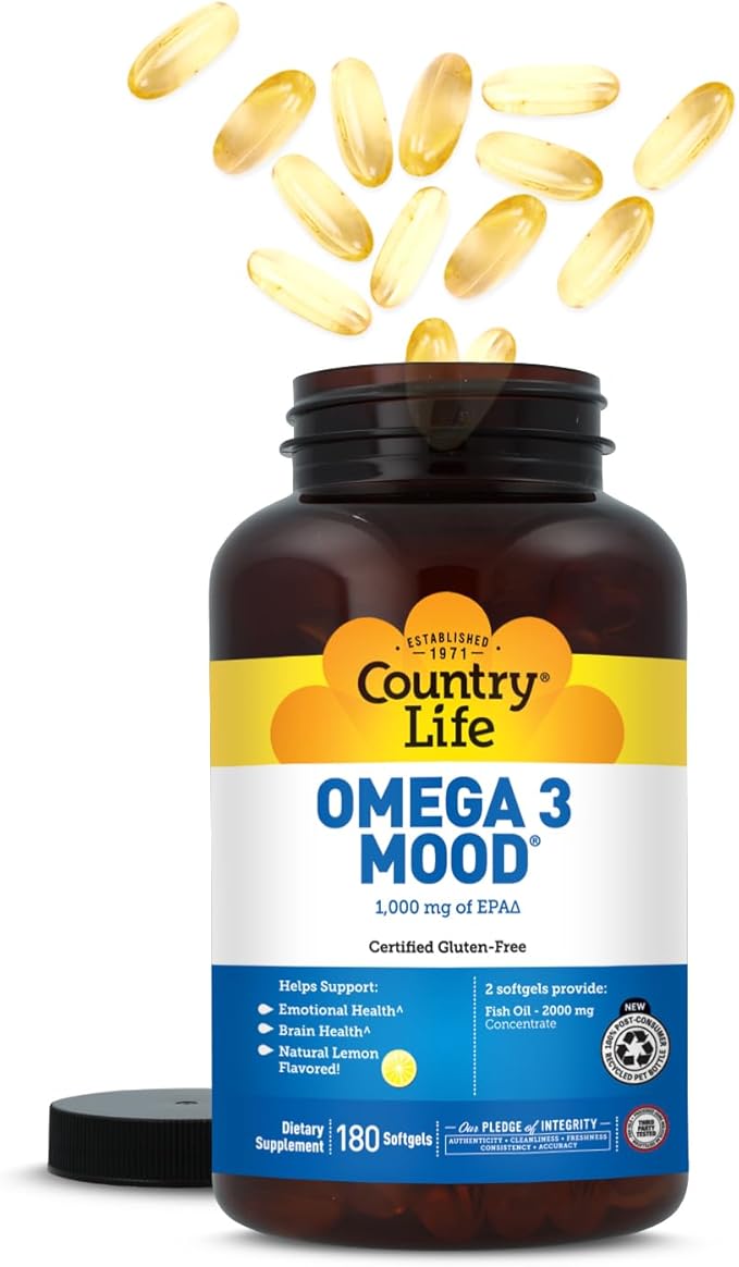 Country Life Omega 3 Fish Oil Supplement - High Concentration EPA and DHA Omega 3 Fatty Acids - 2000mg Fish Oil for Emotional Health, Mood Support, and No Fish Taste - Natural Lemon Flavor