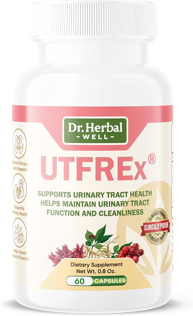 DR. HERBAL WELL UTFREX Clinically Proven Urinary Tract UTI Health Supplement Natural Support Cleanse Flush Protect (No Probiotics & D-Mannose) – 60 Capsules