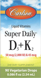 Carlson - Super Daily D3 + K2, 50 mcg D3 + 45 mcg MK-7, Heart & Bone Health, 90 Liquid Drops, 2.54 ml