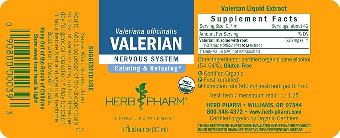 Herb Pharm Certified Organic Valerian Root Liquid Extract for Relaxation and Restful Sleep, Organic Cane Alcohol, 1 Ounce