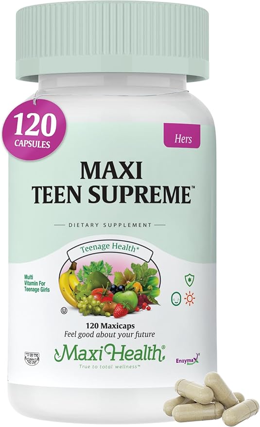 Maxi Health Teen Vitamins for Girls 12-17 - Teen Multivitamin D3, Iron, Calcium, Biotin, Zinc, Digestive Enzymes – Teenager Girl Multi Vitamins for Healthy Skin, Immune & Mood Support – 120 Count