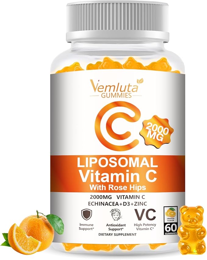 2 Pack Liposomal Vitamin C 2000mg Gummies Complex Rose Hips with D3 5000IU,Elderberry Echinacea,Iron & Zinc for Adults Kids Immune,Antioxidant & Collagen Support,Orange Flavor, 120Count