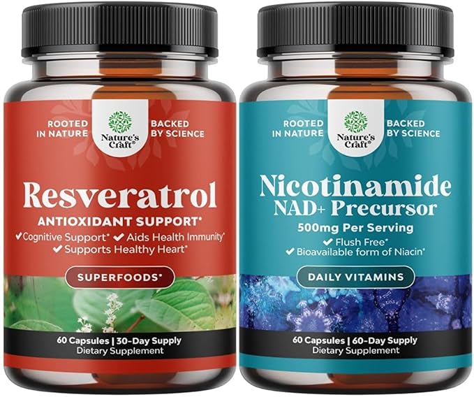 Bundle of Youthful Trans Resveratrol Supplement and Vitamin B3 Nicotinamide 500mg Capsules - With AMPK Activator Brain Booster Immune Support - Mitochondrial Energy and Potent Skin Supplement