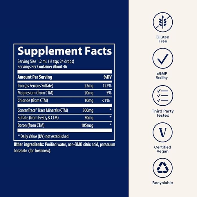 Trace Minerals Ionic Iron 22 mg - Dietary Supplement to Support Immune System Health & Energy - Liquid Ionic Trace Mineral Supplement with Ferrous Sulfate - 1.9 fl oz (About 46 Servings)
