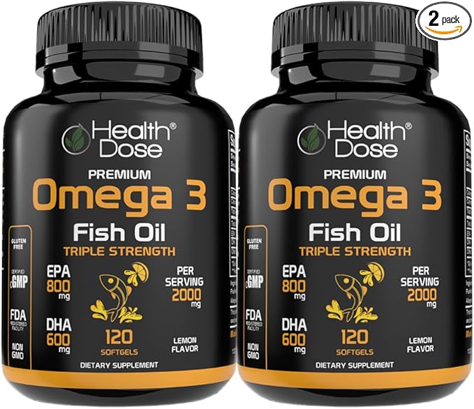 Health Dose Omega 3 Fish Oil – Lemon-Flavored Softgels with EPA & DHA for Brain, Heart, and Wellness Support – Easy-to-Digest, No Fish Burps – 120 Softgels, Pack of 2