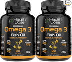 Health Dose Omega 3 Fish Oil – Lemon-Flavored Softgels with EPA & DHA for Brain, Heart, and Wellness Support – Easy-to-Digest, No Fish Burps – 120 Softgels, Pack of 2