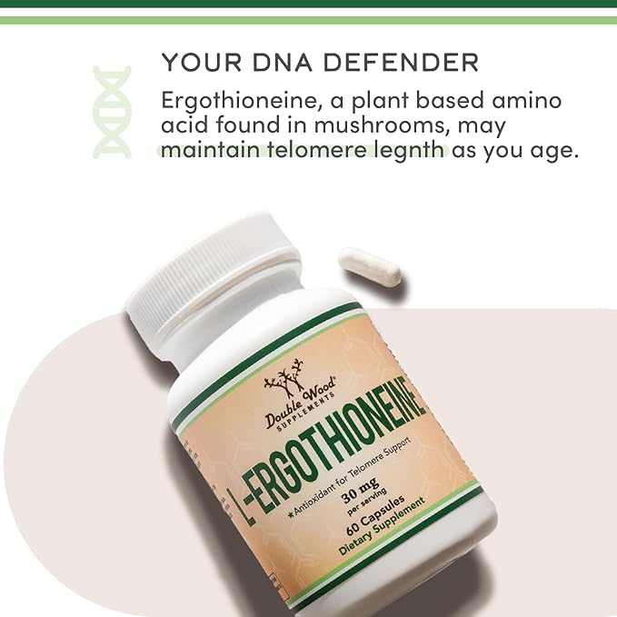 Ergothioneine Supplement (EGT) 30mg of Pure, Plant-Based L-Ergothioneine Per Capsule, 60 Count (May Support Longevity and Healthy Aging) Non-GMO, Gluten Free, Vegan Safe by Double Wood