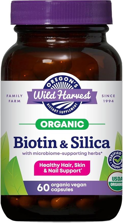 Oregon's Wild Harvest Biotin & Silica – USDA Certified Organic, Vegan Capsules for Hair, Skin & Nail Support with Microbiome-Supporting Herbs – Non-GMO, 60 Count