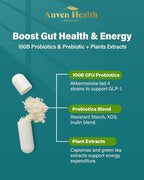 GLP-1 Supplement 100 Billion Akkermansia Probiotic & Prebiotic for Gut Health & Digestion, Metabolism & Energy Support with Vitamin B2 & D, Green Tea and Chromium - Non-GMO | 270 Capsules