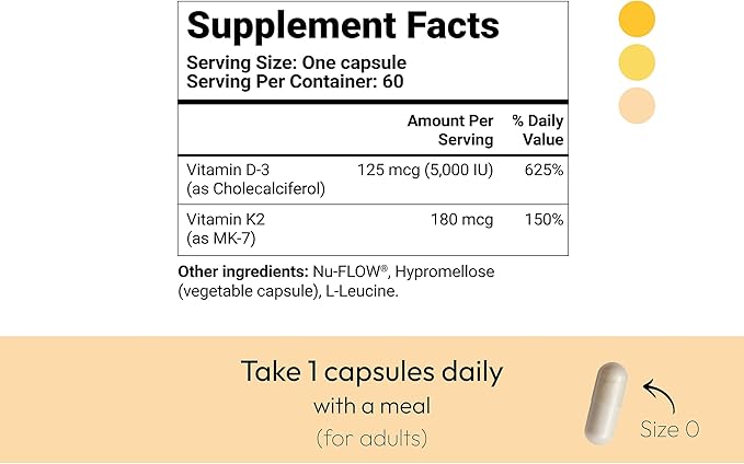 Vitamin D3 K2 5000 IU with MK7 (180 mcg) | Natural Supplement for Bone Strength, Heart Health, and Immune Support | Vegan Capsule | 60 Servings