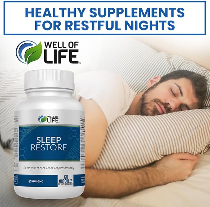 Well of Life Sleep Restore Supplement with Melatonin & Magnesium – Tranquil Sleep Support with L-Theanine GABA 5-HTP | Supports Relaxation & Calm Night Routine | 60 Vegan Capsules