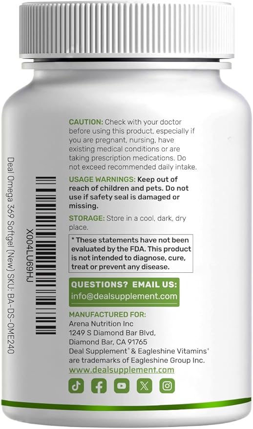 Triple Omega 3-6-9 Fish Oil Supplements 3,600mg – 240 Softgels with Flaxseed Oil & Borage Oils Complex – High EPA + DHA – Burpless Pills, Lemon Flavored, Wild Caught – Heart, Joint, & Brain Support