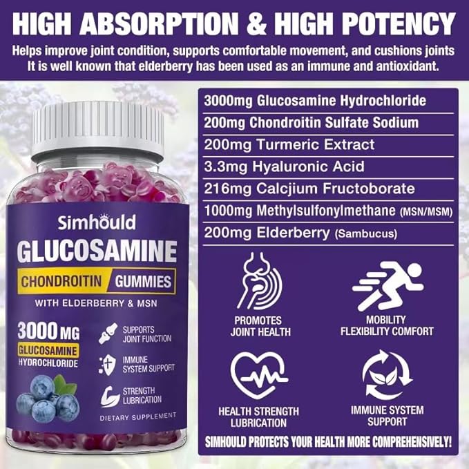 Simhould 2 Packs Glucosamine Chondroitin Gummies - 3000MG Extra Strength Joint Support Supplement with MSM & Elderberry, Flexibility, Antioxidant Immune Support Gummy for Adults, Men & Women