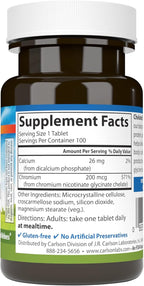 Carlson Chelated Chromium 200 mcg Superior Absorption - Healthy Metabolism Energy Production & Optimal Wellness - 100 Tablets