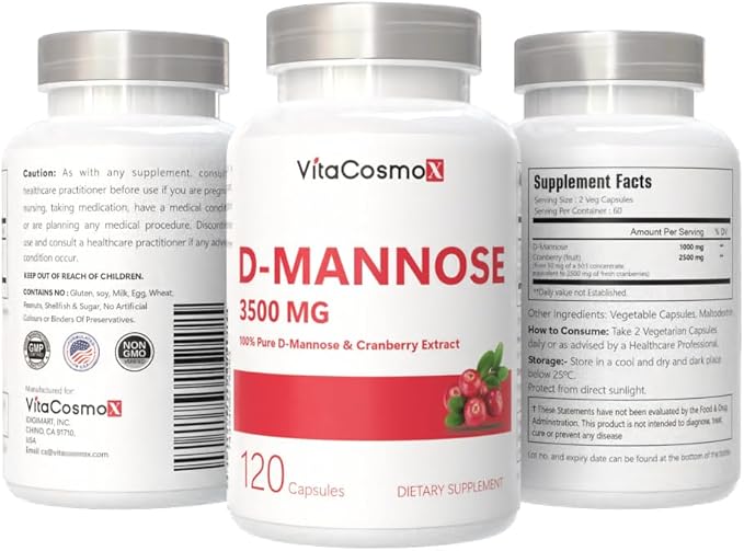 D-Mannose with Cranberry Extract, Vegan Capsules 120 Count 3500 mg Blend, 100% Vegetarian, Non-GMO & Gluten Free