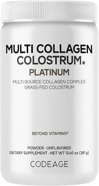 Codeage Multi Collagen Colostrum Powder Platinum - Hydrolyzed Grass-Fed Bovine Collagen Peptides, Grass-Fed Bovine Colostrum Supplement, Vitamin C, Biotin, Hyaluronic Acid, Lactoferrin - 13.4 Oz.